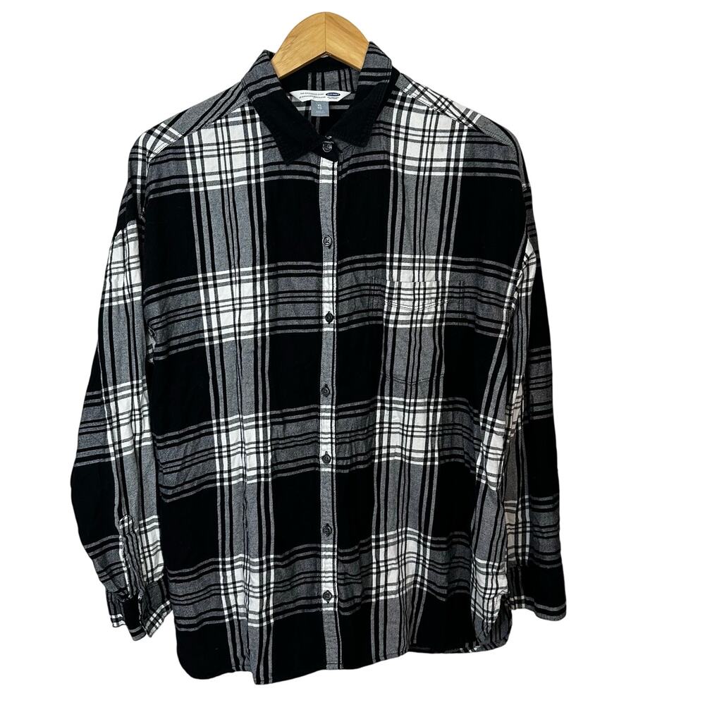 Old Navy Boyfriend Plaid Shirt Womens XL Black White Pocket Cotton Preppy Top